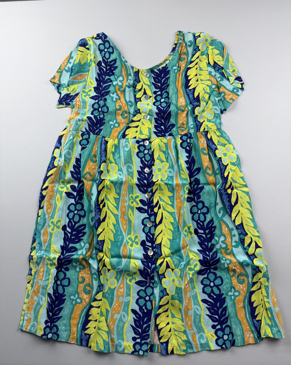 Vintage Big Hed Designs Dress Womens Large Blue Tropical Floral Button Front